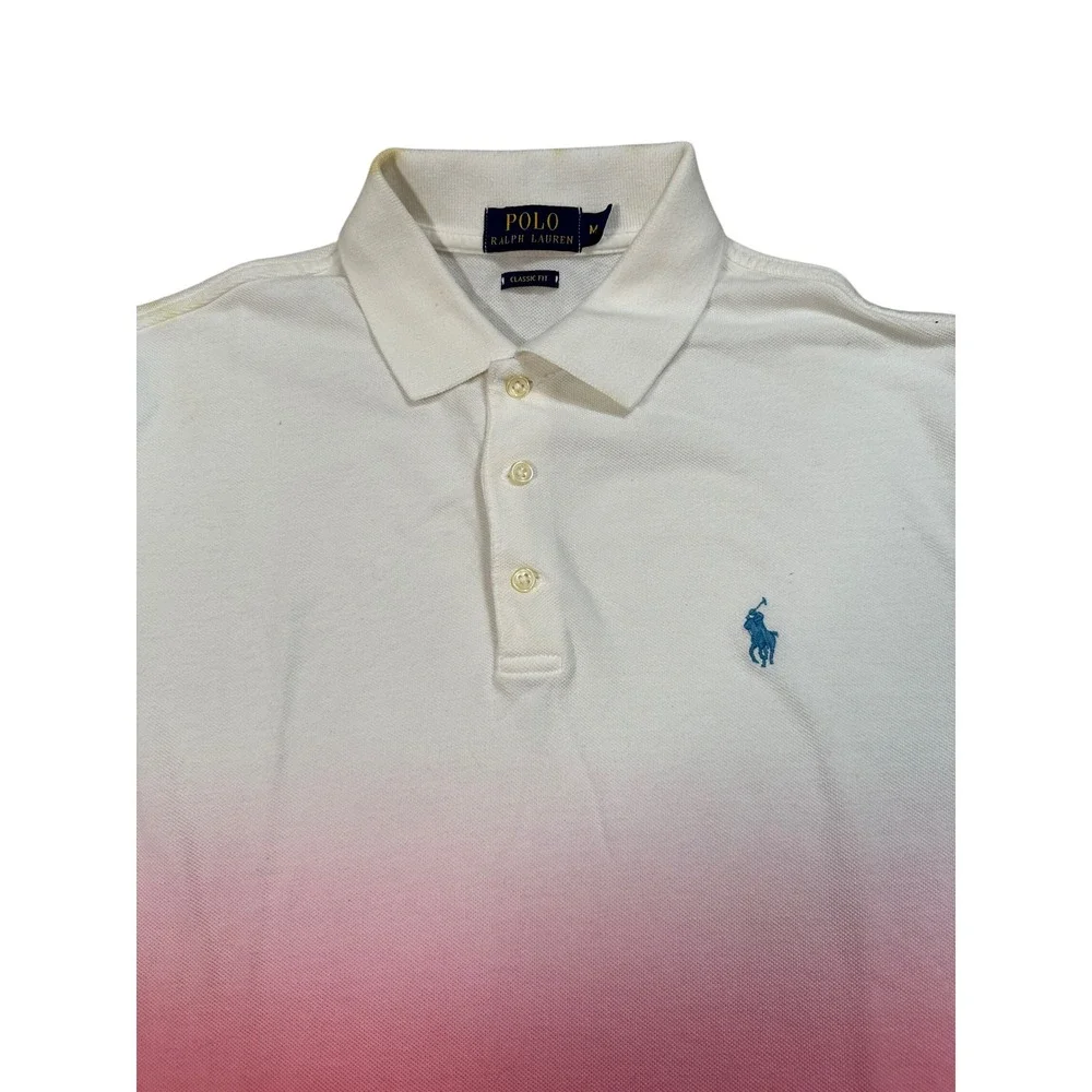 Polo Ralph Lauren Mens Classic Fit Ombre Dip Dye Polo Shirt White Pink Medium